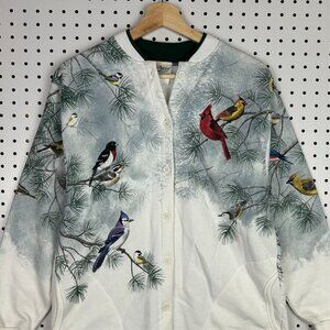 Winter Bird Snow Cardigan Sweater Women's Small All Over Wrap Around Graphic 90s